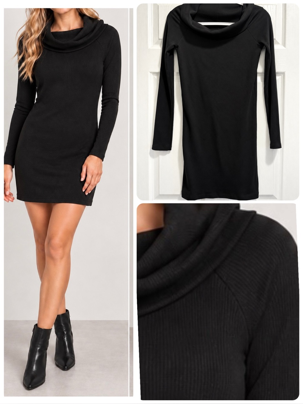 Zara Trafaluc Black Bodycon Turtleneck Cowl neck Long Sleeve Ribbed Dress Large